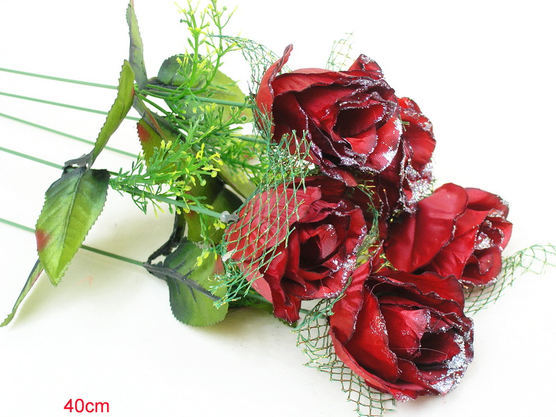 Rose rot mit Glitzer und Grün ca. 50cm
